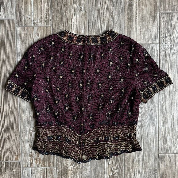2/$18 SALE! ADRIANNA‎ PAPELL Evening Top Womens L Beaded Burgundy Floral Silk - Picture 10 of 10
